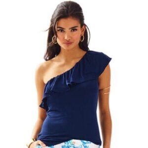 Lilly Pulitzer Women's Neveah Ruffle One Shoulder Top, Navy Blue Size Small